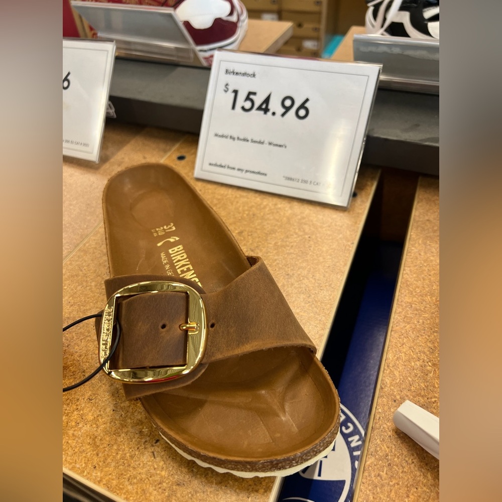 Birkenstock Madrid Slide Sandal in Brown with Gold BuckleBRAND NEW IN STORES NOW